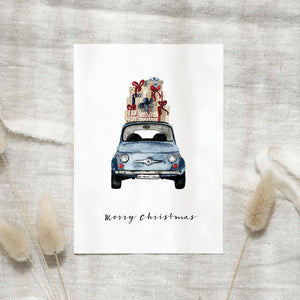 Postcard - Blue Christmas Car