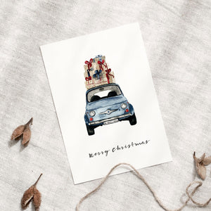 Postcard - Blue Christmas Car