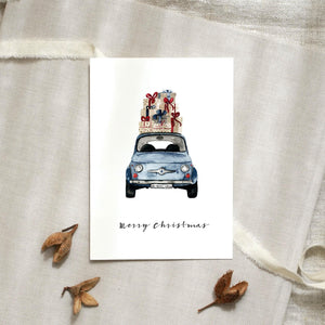 Postcard - Blue Christmas Car