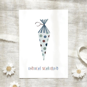 Postcard · First day of school | Blue school cone